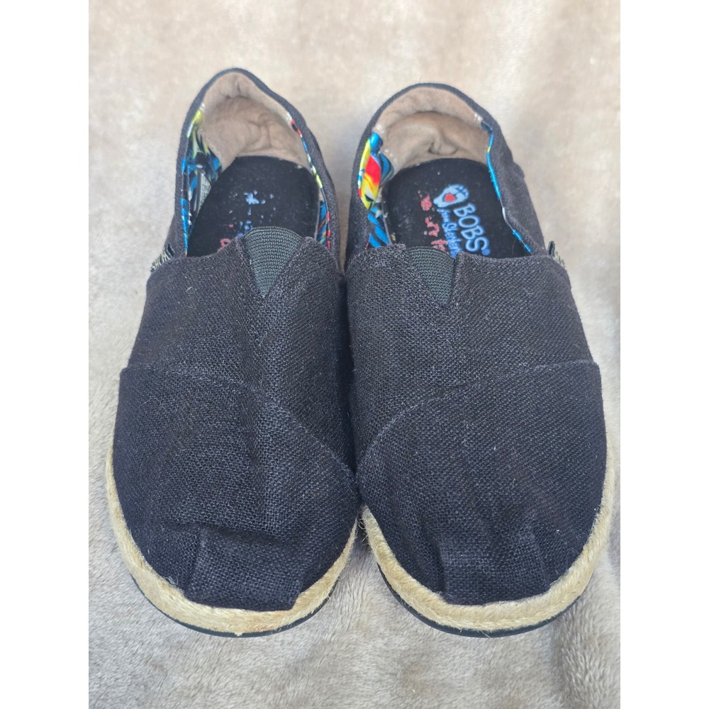 Skechers BOBS Black Canvas Espadrille Platform Slip On Flats Memory Foam Shoes